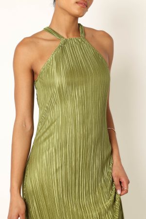 Melody Plisse Halter Maxi Dress – Olive