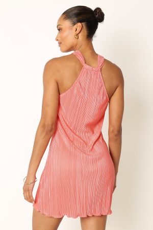 Melody Plisse Halter Mini Dress – Coral