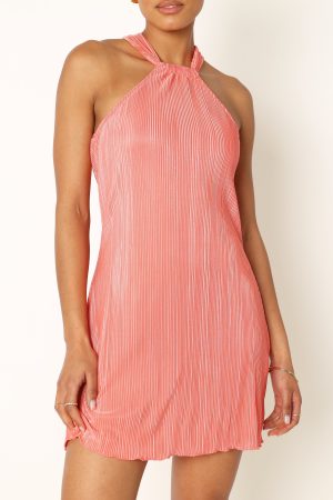 Melody Plisse Halter Mini Dress – Coral