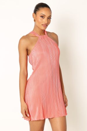 Melody Plisse Halter Mini Dress – Coral