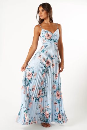 Naira Pleated Maxi Dress – Blue Floral