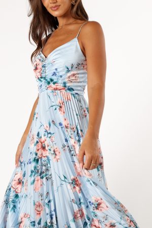 Naira Pleated Maxi Dress – Blue Floral