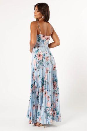 Naira Pleated Maxi Dress – Blue Floral
