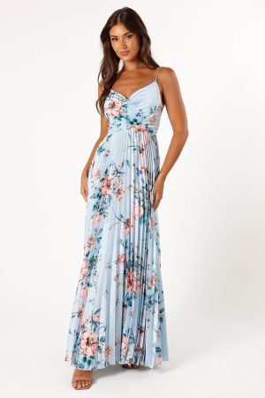 Naira Pleated Maxi Dress – Blue Floral