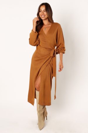 Nova Wrap Knit Midi Dress – Camel
