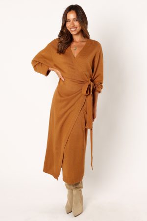 Nova Wrap Knit Midi Dress – Camel