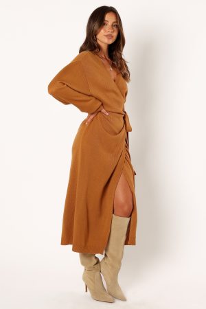 Nova Wrap Knit Midi Dress – Camel