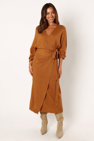 Nova Wrap Knit Midi Dress – Camel