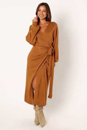 Nova Wrap Knit Midi Dress – Camel