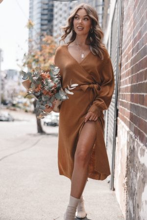 Nova Wrap Knit Midi Dress – Camel