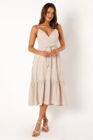 Odette Midi Dress – Beige Stripe