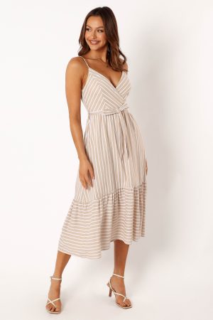 Odette Midi Dress – Beige Stripe