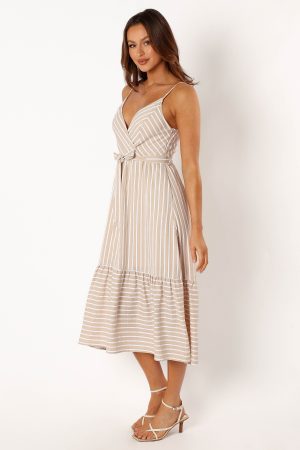 Odette Midi Dress – Beige Stripe