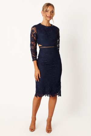 Pia Long Sleeve Midi Dress – Navy