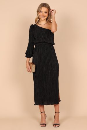 Pontee One Shoulder Pleated Midi Dress – Black