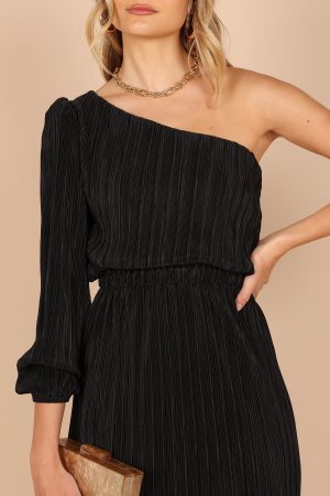Pontee One Shoulder Pleated Midi Dress – Black