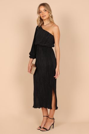 Pontee One Shoulder Pleated Midi Dress – Black