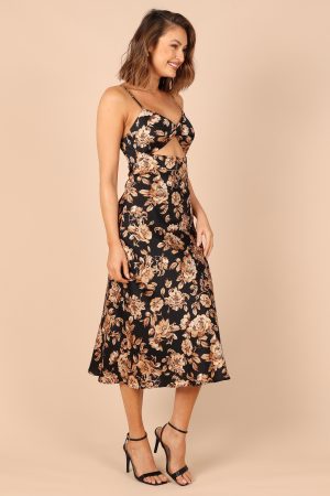 Saga Cut Out Midi Dress – Black Floral