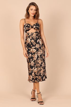 Saga Cut Out Midi Dress – Black Floral