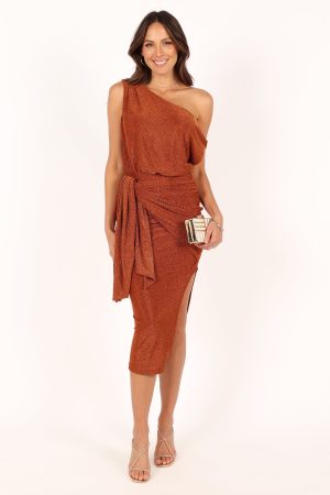 Santiago Off Shoulder Midi Dress – Bronze