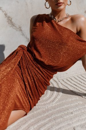 Santiago Off Shoulder Midi Dress – Bronze