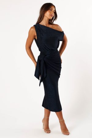 Santiago Off Shoulder Midi Dress – Navy