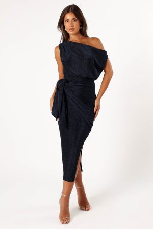 Santiago Off Shoulder Midi Dress – Navy