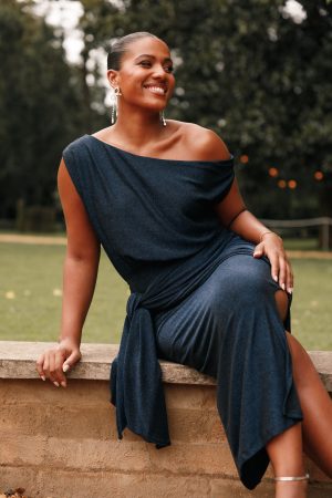 Santiago Off Shoulder Midi Dress – Navy