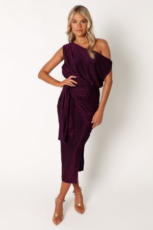 Santiago Off Shoulder Midi Dress – Purple