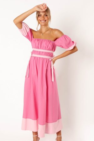 Tailor Off Shoulder Midi Dress – Pink