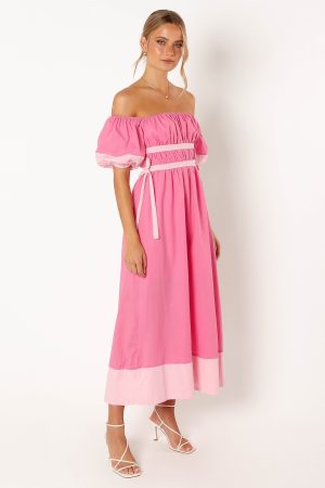 Tailor Off Shoulder Midi Dress – Pink