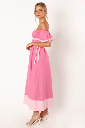 Tailor Off Shoulder Midi Dress – Pink