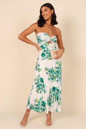 Teagan Strapless Midi Dress – Green Floral