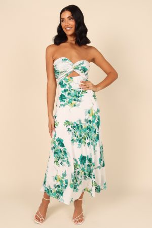 Teagan Strapless Midi Dress – Green Floral