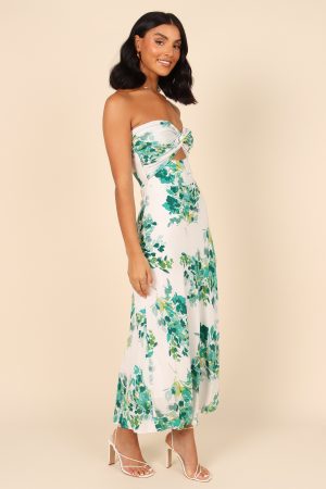 Teagan Strapless Midi Dress – Green Floral