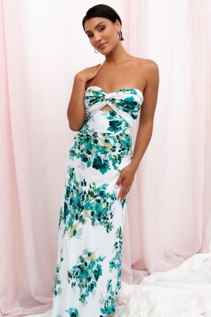 Teagan Strapless Midi Dress – Green Floral