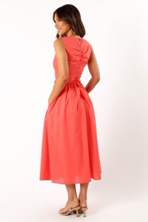 Violetta Ruched Midi Dress – Coral