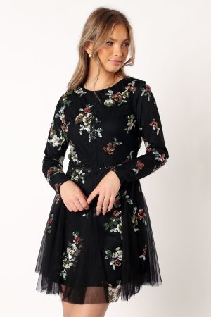 Woodsen Long Sleeve Mini Dress – Black Floral