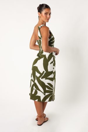 Zara One Shoulder Midi Dress – Olive Palm