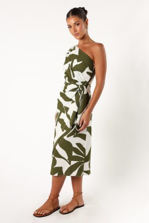 Zara One Shoulder Midi Dress – Olive Palm