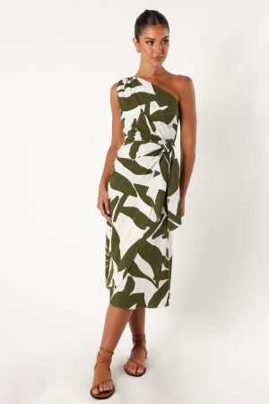 Zara One Shoulder Midi Dress – Olive Palm