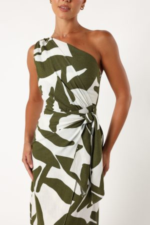 Zara One Shoulder Midi Dress – Olive Palm