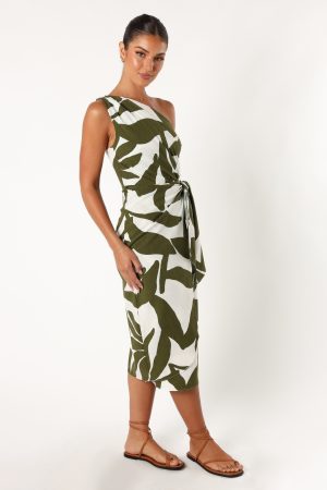 Zara One Shoulder Midi Dress – Olive Palm