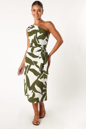 Zara One Shoulder Midi Dress – Olive Palm