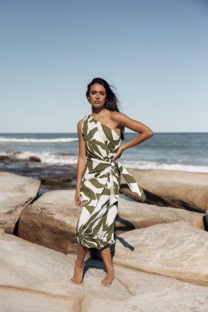 Zara One Shoulder Midi Dress – Olive Palm