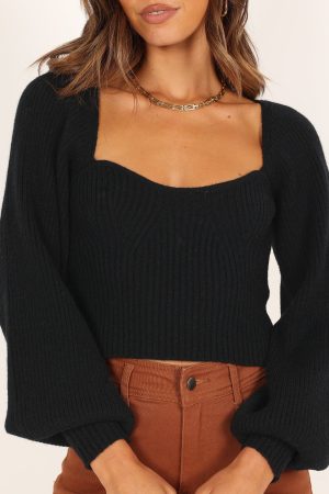 Gia Sweetheart Neck Bell Sleeve Knit Sweater – Black