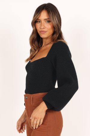 Gia Sweetheart Neck Bell Sleeve Knit Sweater – Black