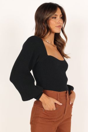 Gia Sweetheart Neck Bell Sleeve Knit Sweater – Black