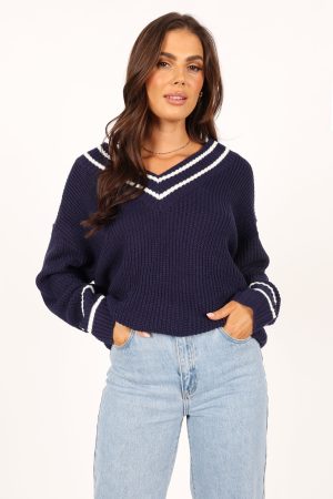 Leanna Vneck Knit Sweater – Navy