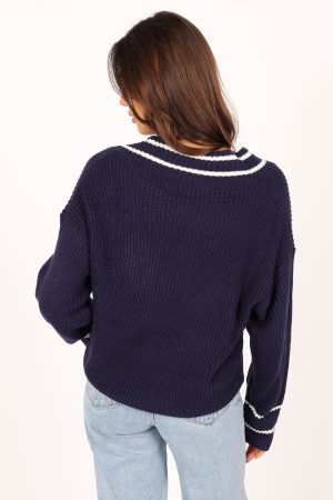 Leanna Vneck Knit Sweater – Navy